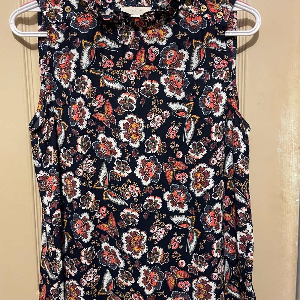 LOFT Floral Sleeveless Blouse - Navy and Pink